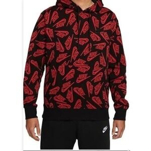 Nike Mens Hoodie Medium Black Red All Over Print Logo Pullover Fleece Sweatshirt